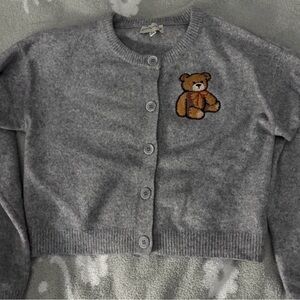 Gray Teddy Bear Embroidered Cardigan